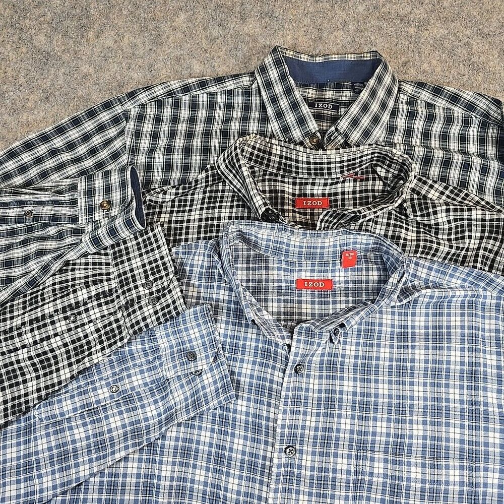 Set of 3 IZOD Button Up Long Sleeve Shirts Men's XL Plaids Classic Fit Basic